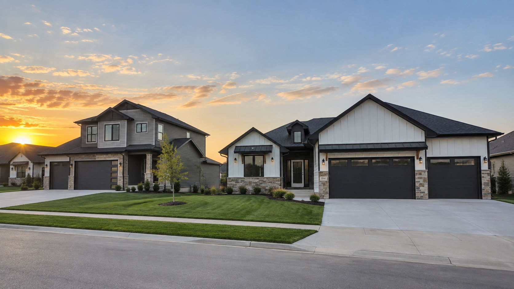 Modern new-construction homes in Hickman, Nebraska at sunset with manicured lawns and a colorful sky