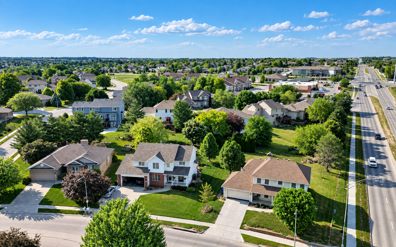 Aerial view of a peaceful Roca, Nebraska suburban neighborhood with tree-lined streets, well-kept homes and green lawns under a bright blue sky
