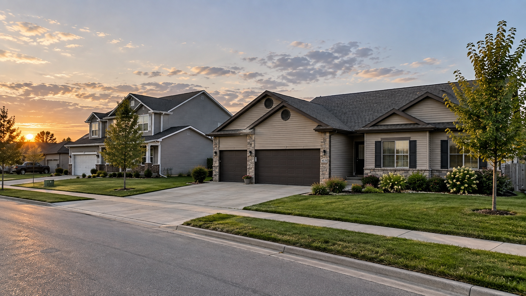 Sunset view of a quiet Waverly, Nebraska suburban neighborhood with modern homes, green lawns and a colorful sky
